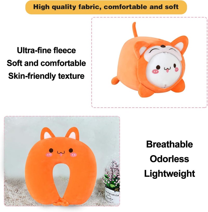 stocaggio Kids Travel Pillow - 2-in-1 Deformable Kids Neck Pillow for Traveling, Soft U-Shaped Pillow with Adorable Animal Design, Comfy Sleep and Play, Ideal for Airplanes and Traveling (QQ Orange Fox) - Image 3